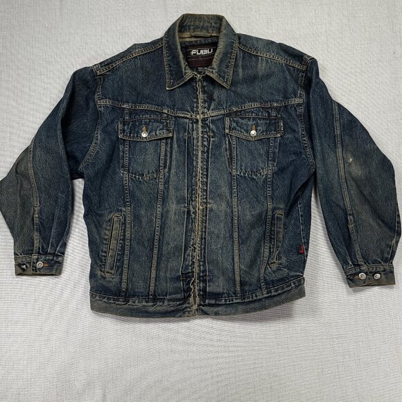 Vintage FUBU Denim Jacket Zip Front Collared Blue Cotton Pockets Size XL - Picture 1 of 14